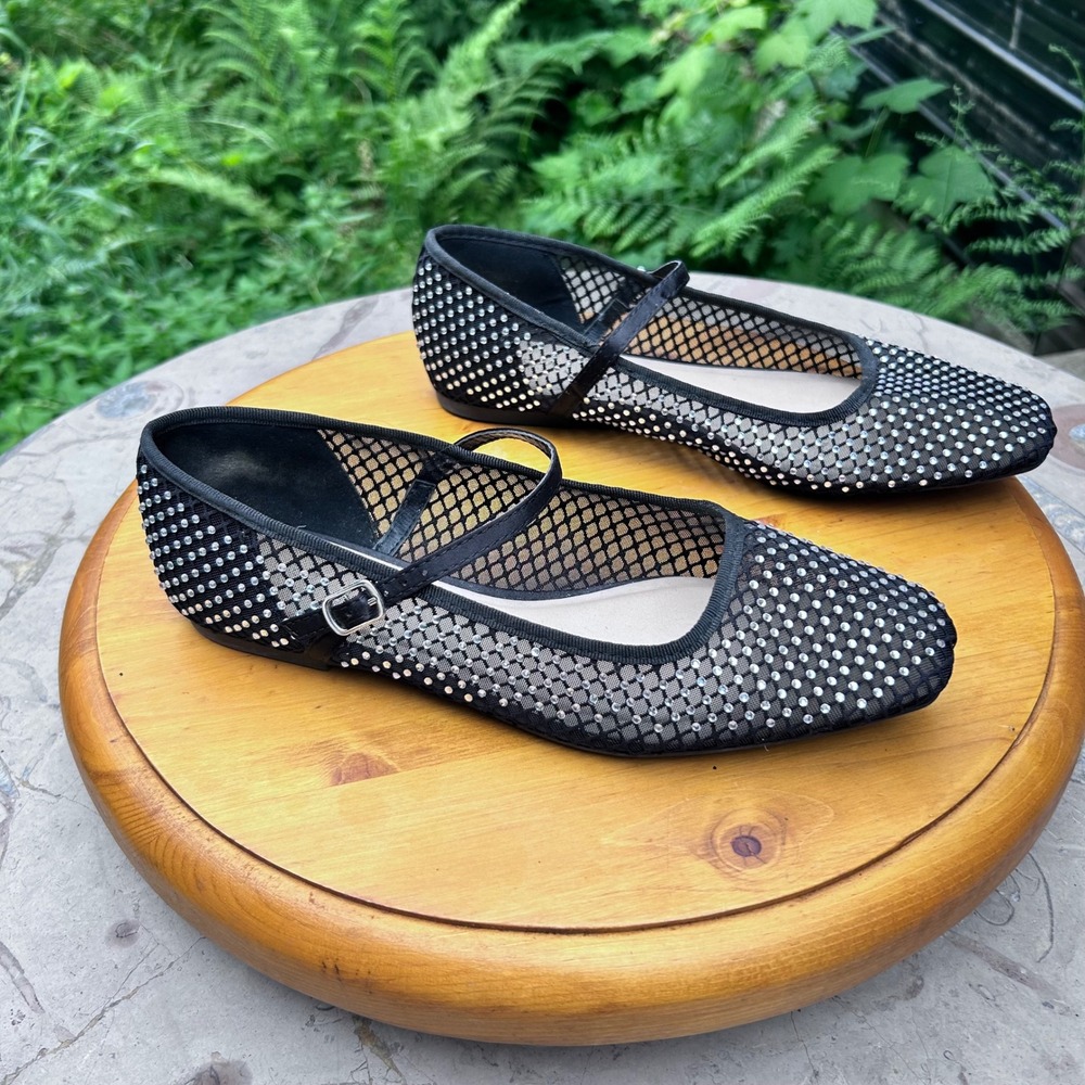 Mesh Mary Jane‎ Flats Women Size 10 Black Rhinestone Studded Fishnet SODA